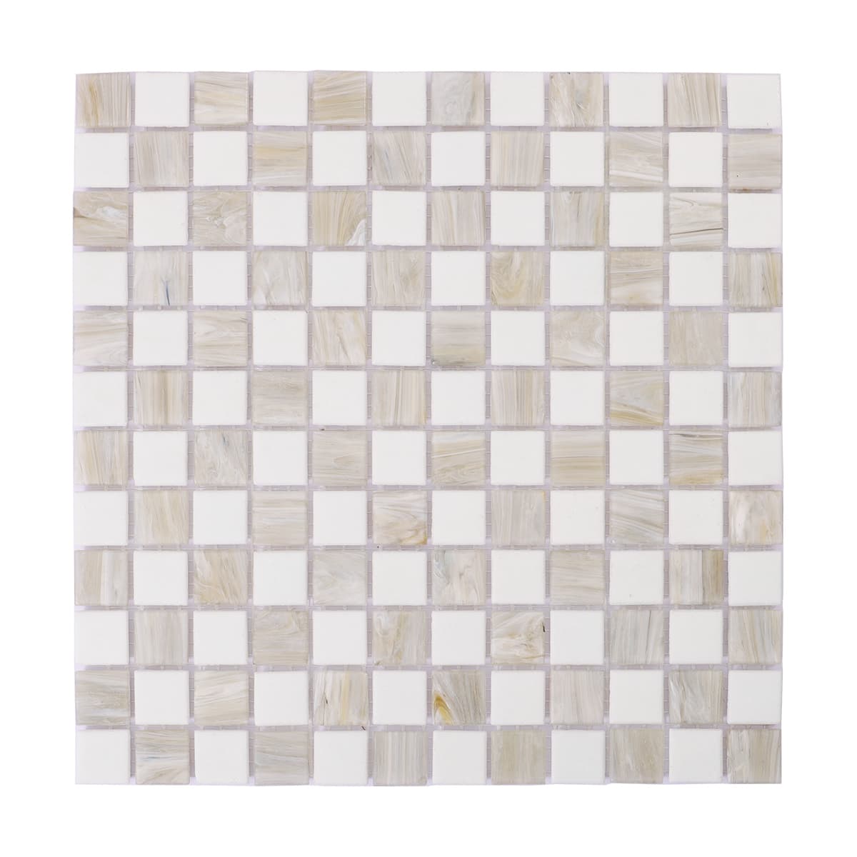 Full view of beige and white checkered glass mosaic tile sheet