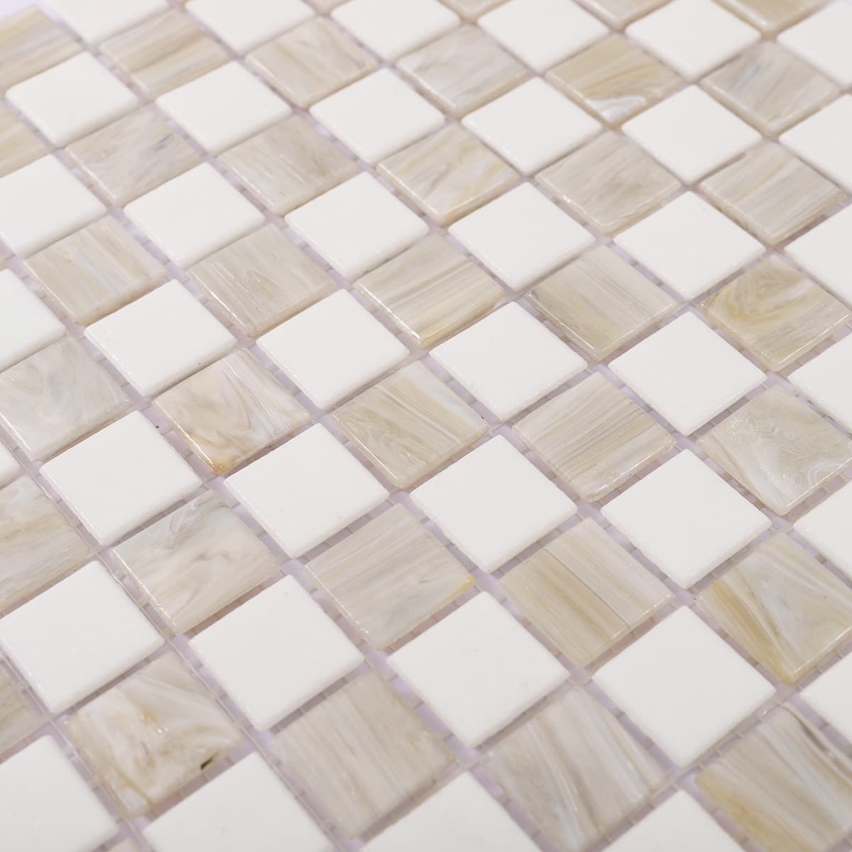 Diagonal surface texture of beige and white checkered mosaic tile