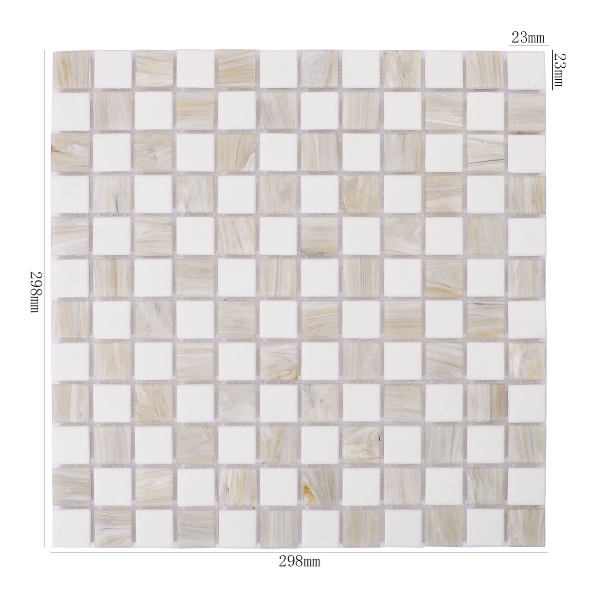 Full sheet of beige and white checkered glass mosaic with dimensions