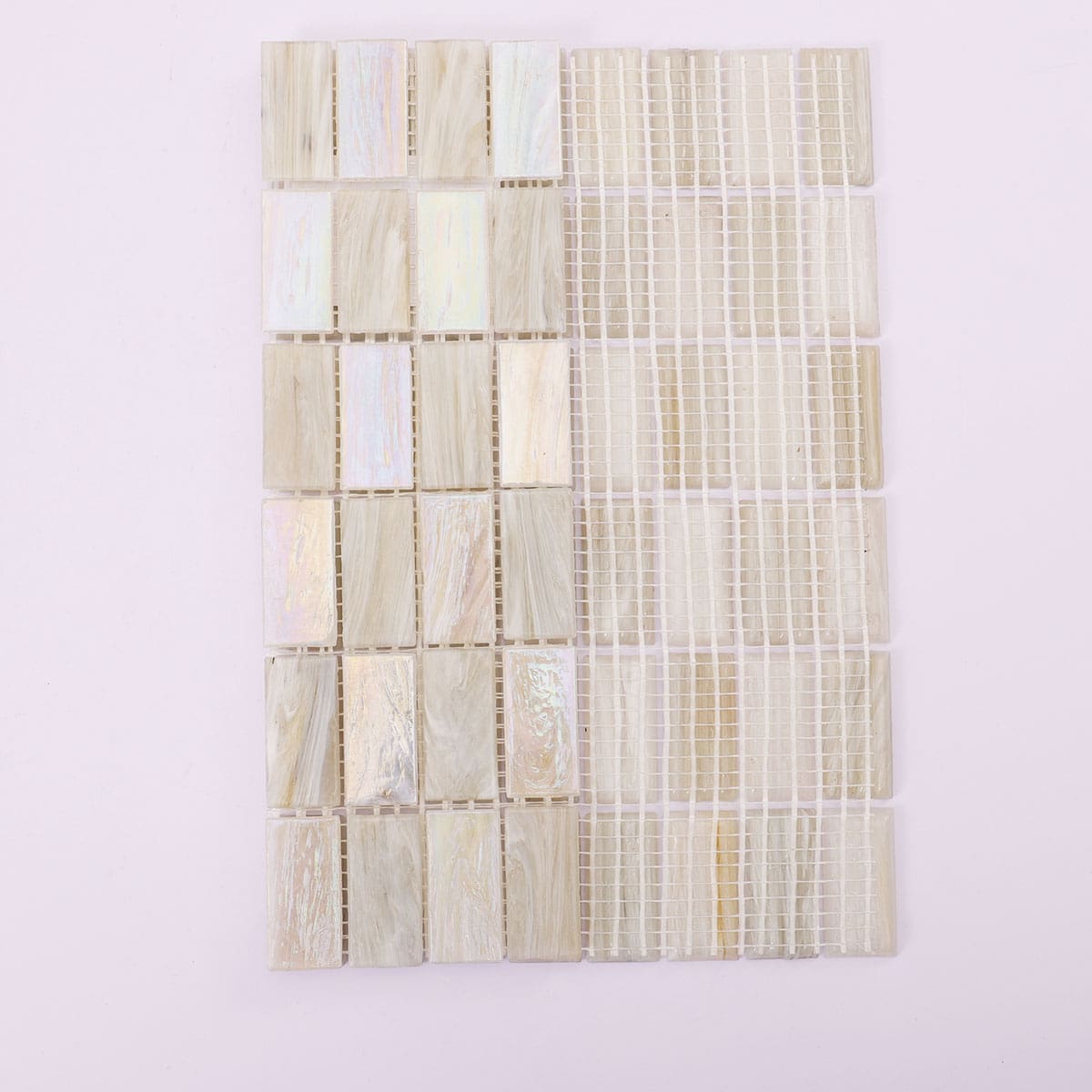 Back mesh view of beige and white checkered iridescent rectangular mosaic tile
