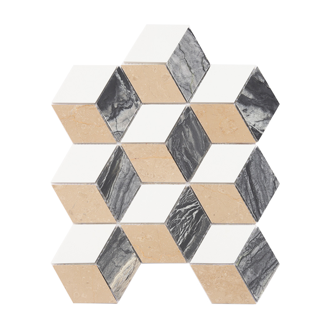 Full sheet view of beige white and gray cube marble mosaic tile