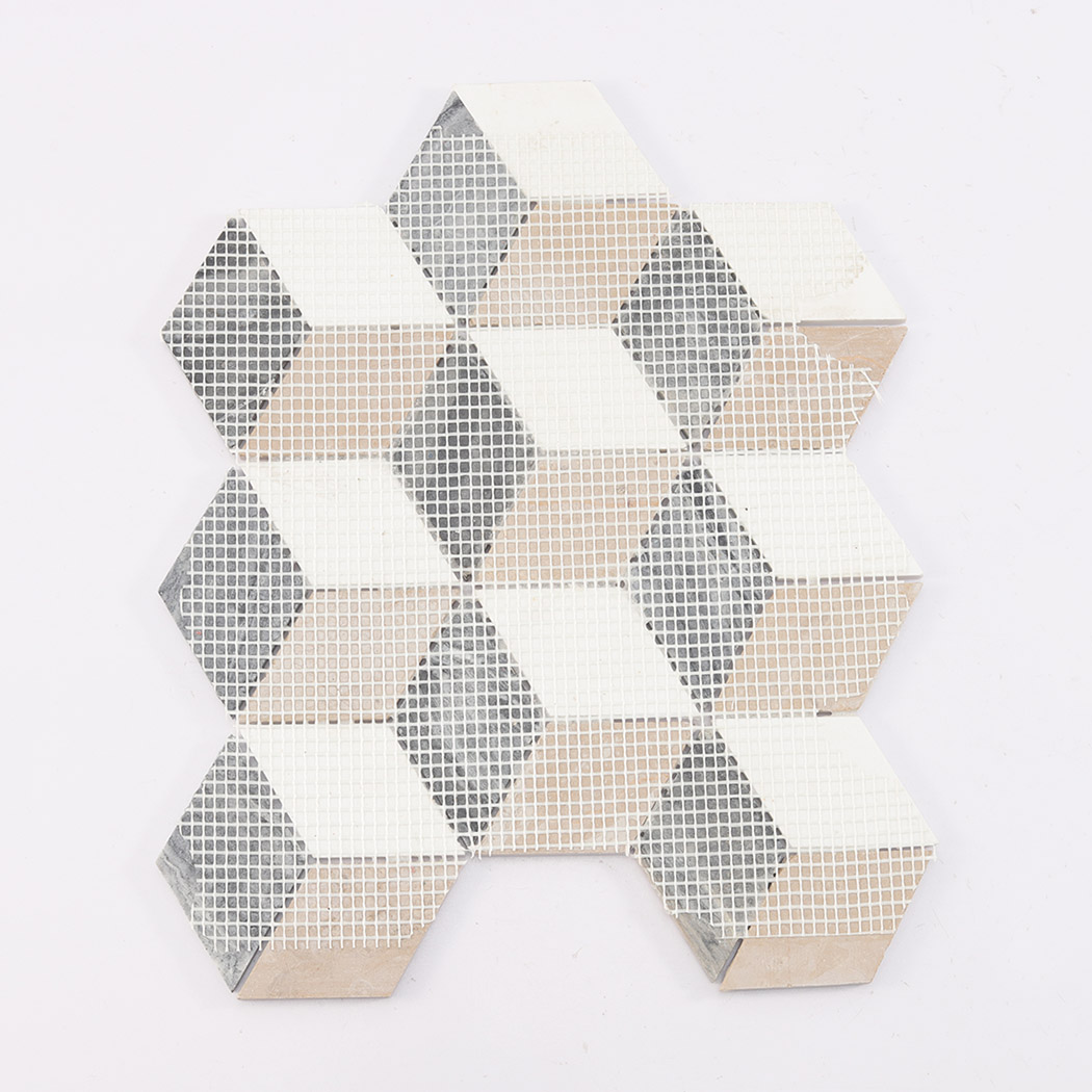 Back view of beige white and gray cube marble mosaic tile with mesh backing