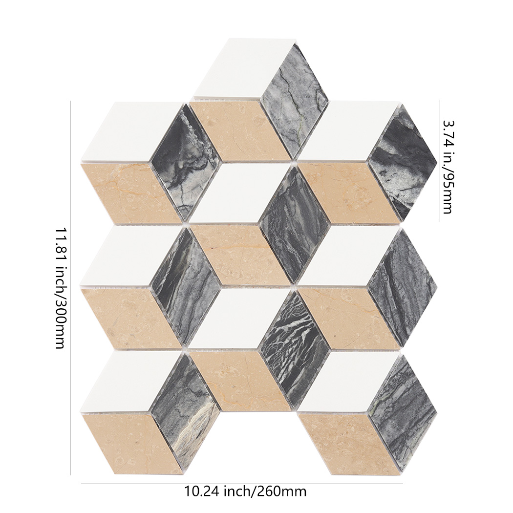 Beige white and gray cube marble mosaic tile sheet with size details