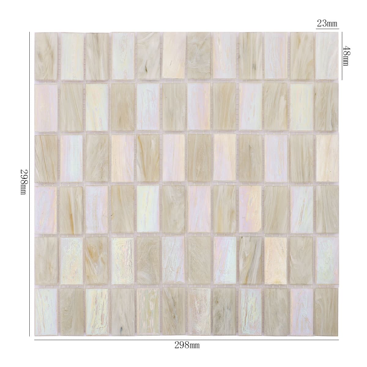Beige and white iridescent checkered rectangular glass mosaic tile with size
