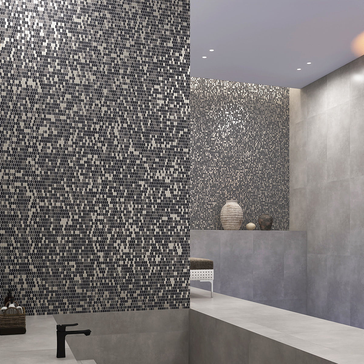 Gray and metallic Picket mosaic tiles used in a luxurious bathroom design.