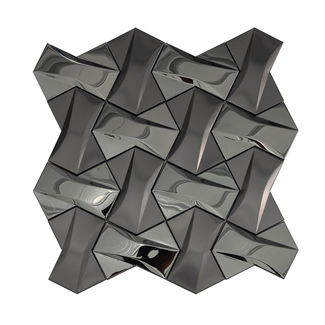 A full top down view of a black 3D geometric mosaic tile sheet isolated on white.