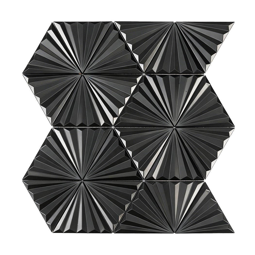 Front view of black 3D fan triangle metal mosaic tile sheet