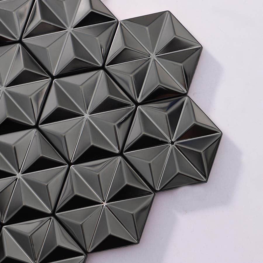 Corner view of black 3D hexagon stainless steel tile