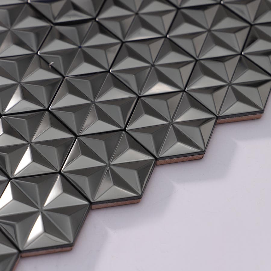 Edge close-up of black 3D hexagon stainless steel tile