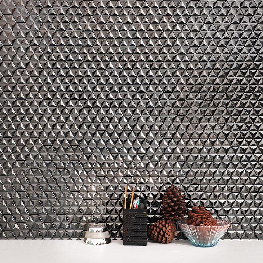 Black 3D hexagon stainless steel tile wall installation scene