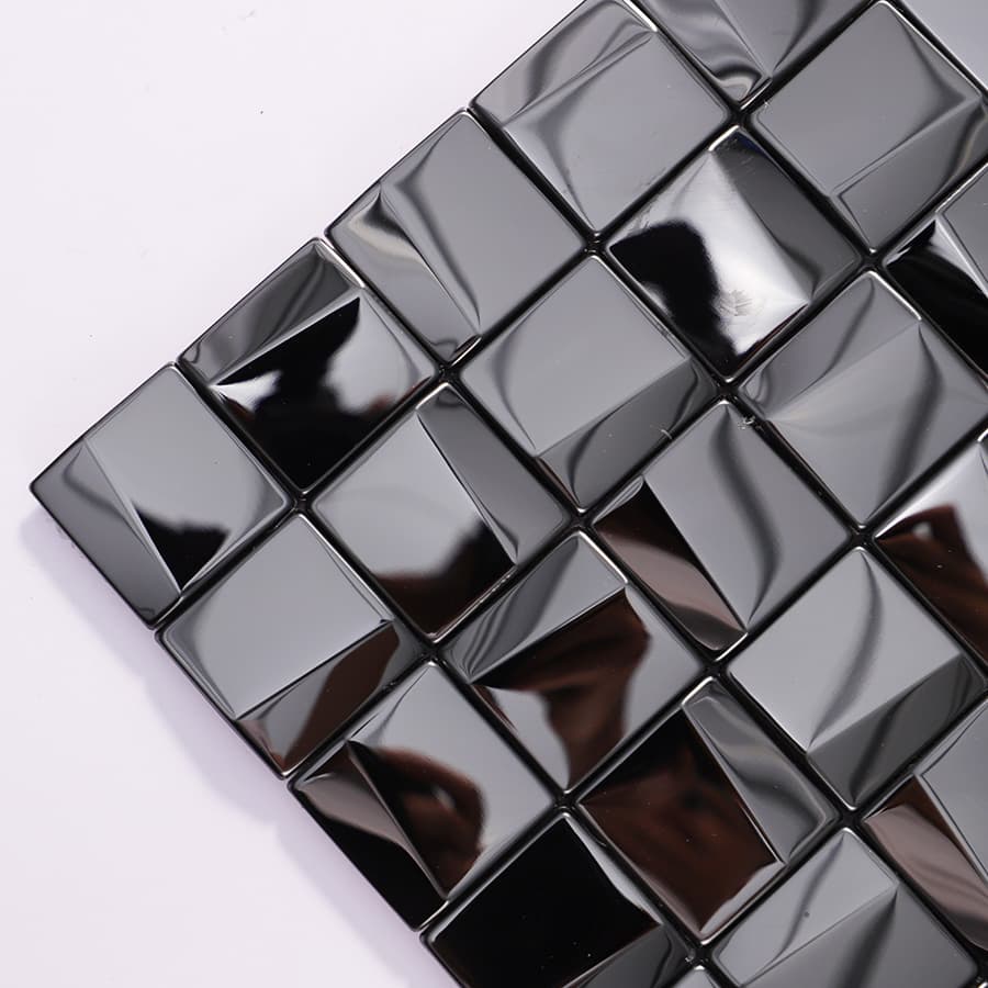Corner close-up of black 3D square glossy stainless steel mosaic tile