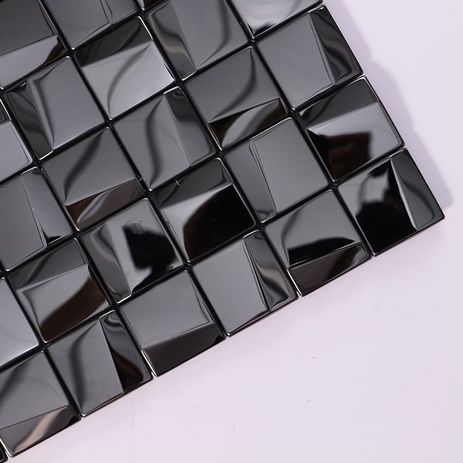 Detailed shot of black 3D square glossy stainless steel mosaic tile