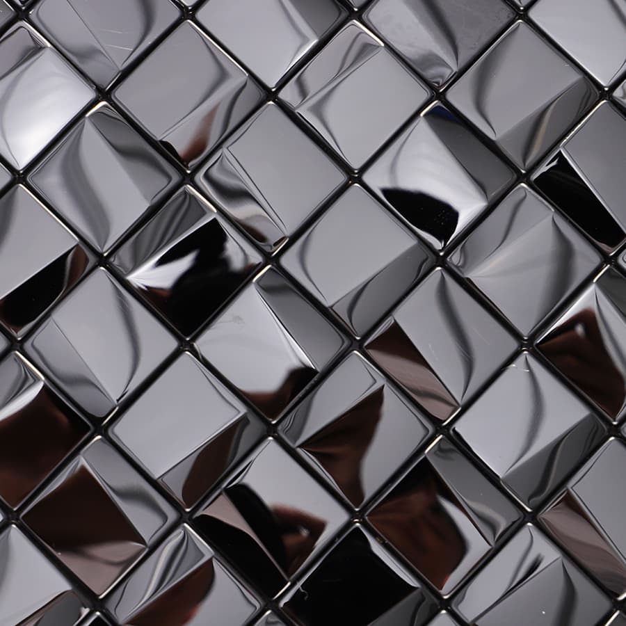 Diagonal view of black 3D square glossy stainless steel mosaic tile