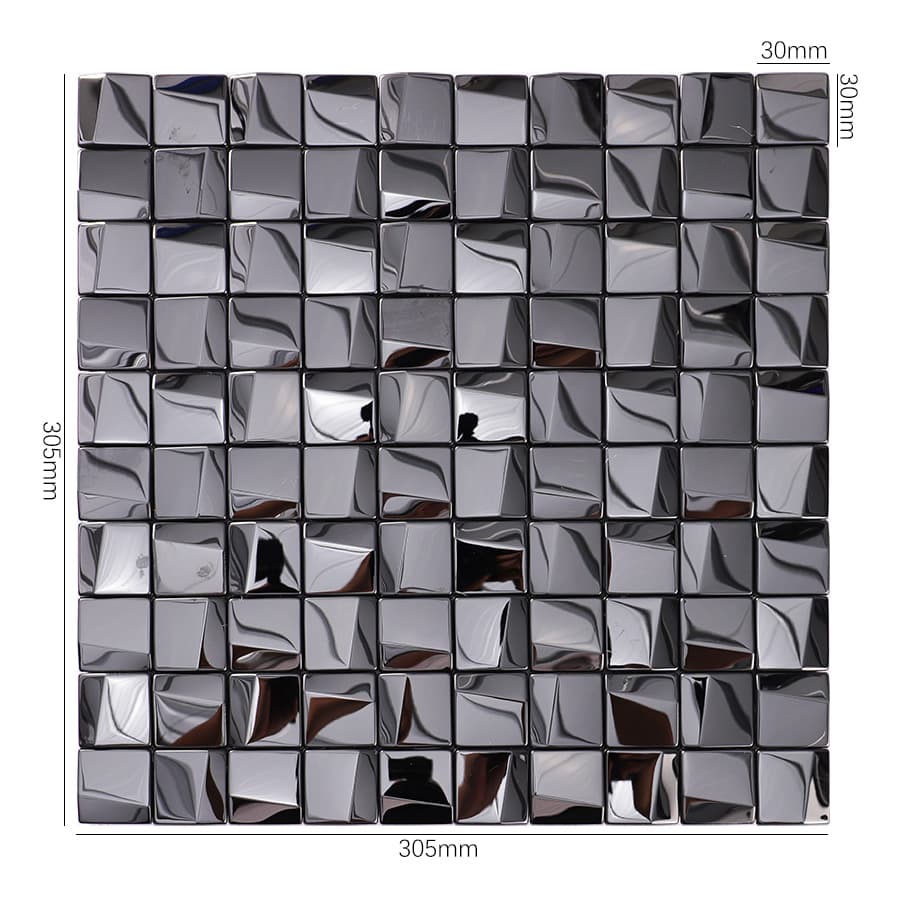 Full view of black 3D square glossy stainless steel mosaic tile