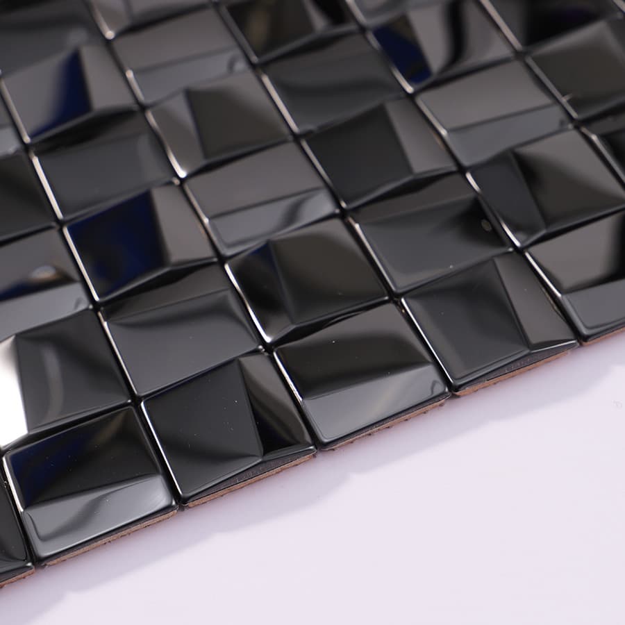 Side view of black 3D square glossy stainless steel mosaic tile