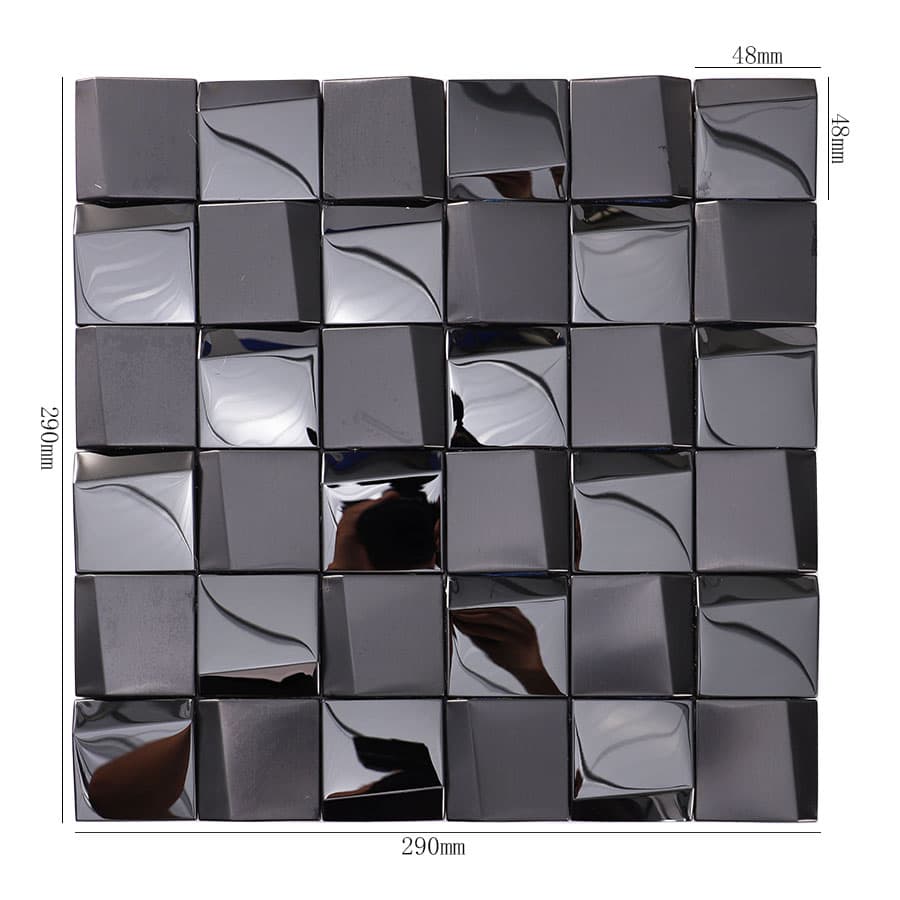 Black glossy and brushed 3D stainless steel mosaic tile with size details