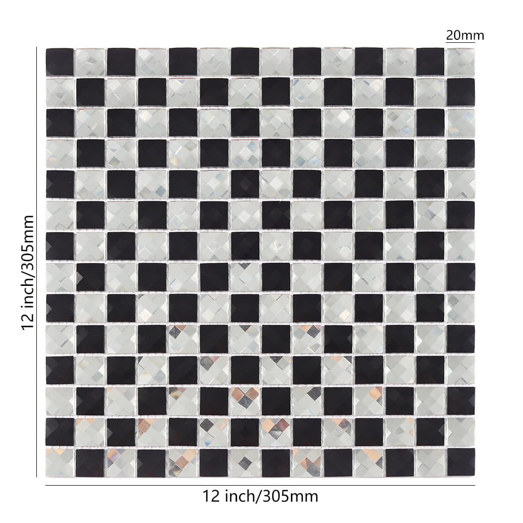 Black and silver mirror mosaic tile sheet with dimensions 12x12 inches