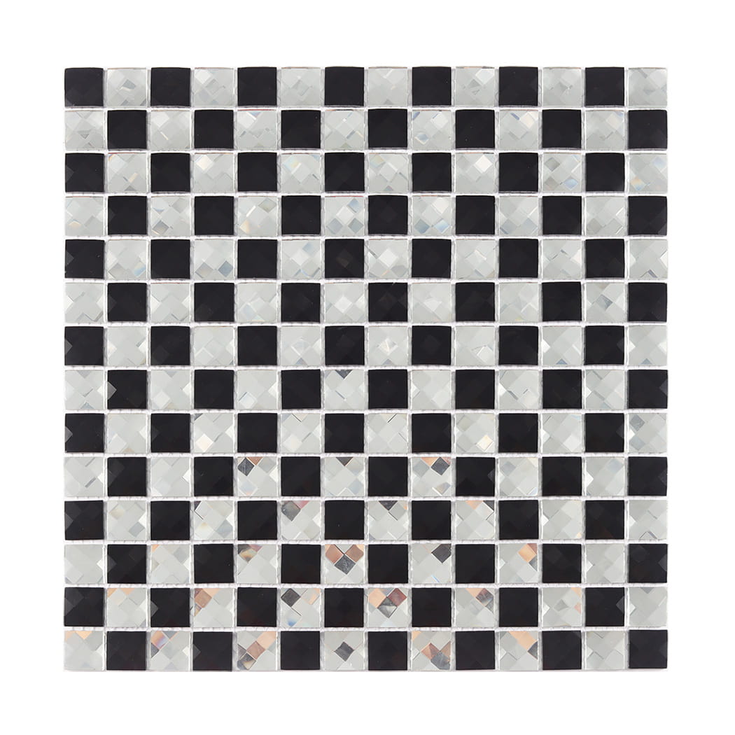 Full sheet of black and silver mirror square faceted mosaic tile on a white background.
