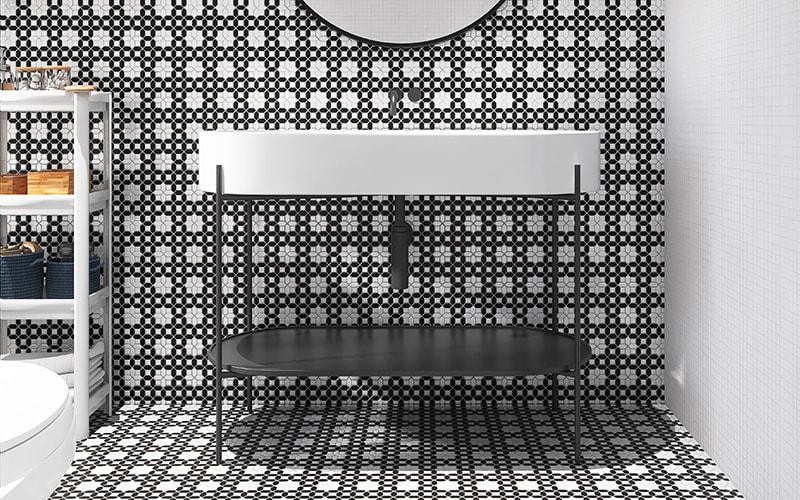 Vintage-style black and white basketweave tiles in a modern bathroom 