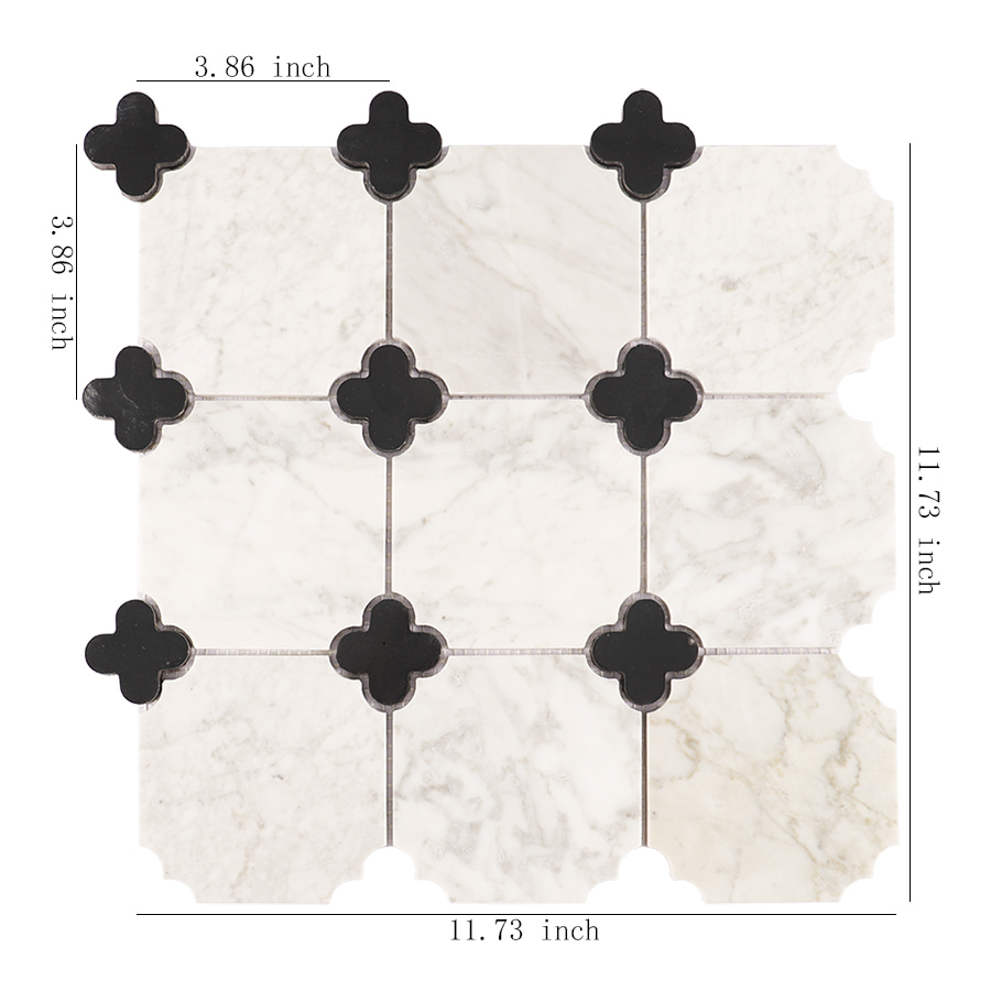 Black and white clover marble mosaic tile with size measurements shown.