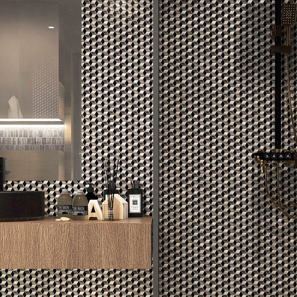 Silver and Black Cube Pattern Marble Mosaic Wall Tile