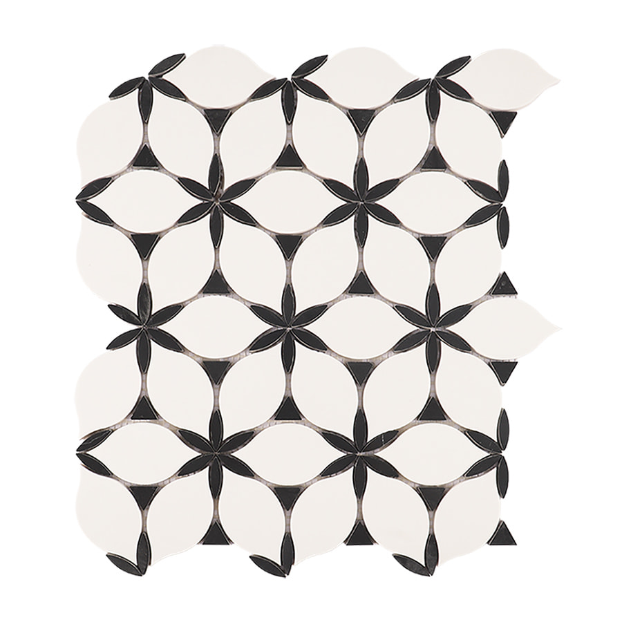Front view of black and white petal marble mosaic tile sheet.