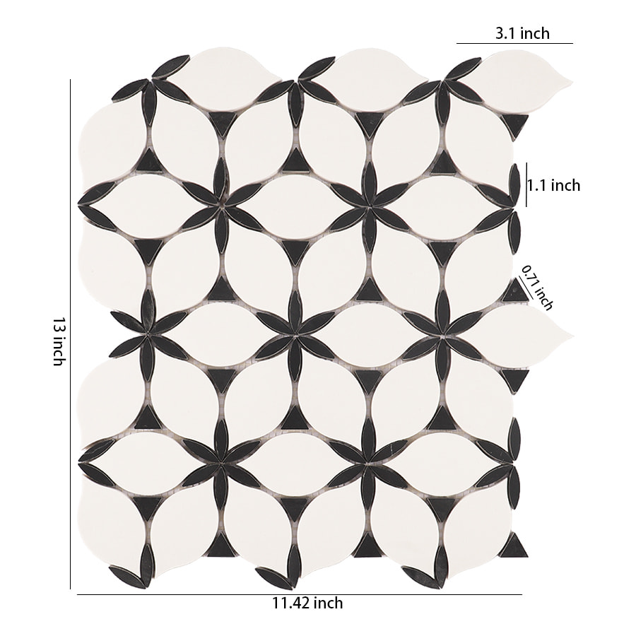 Black and white petal marble mosaic tile with size measurements shown.