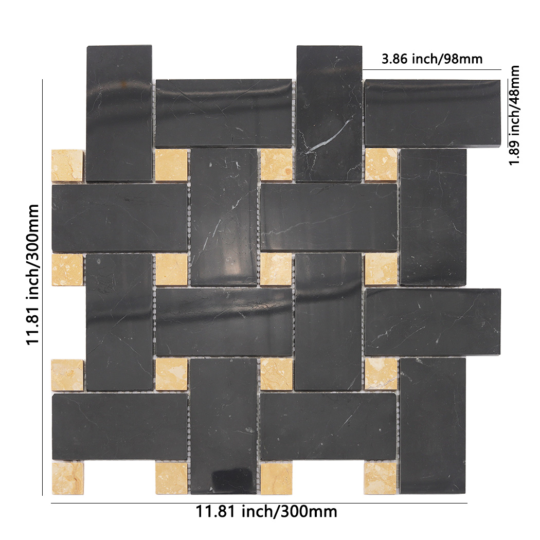 Black basketweave marble mosaic tile sheet with gold dot accents and size guide