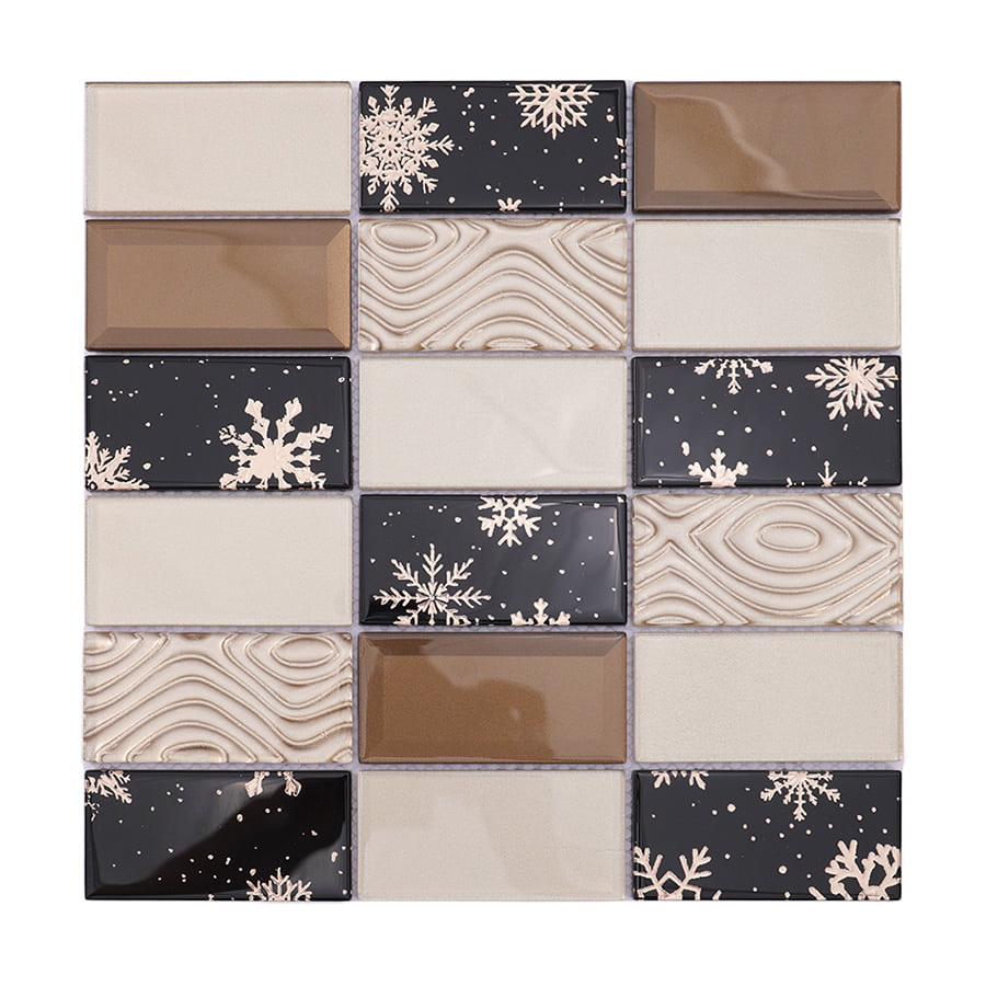 Full sheet of black and brown crystal glass tile with snowflake and wave texture.