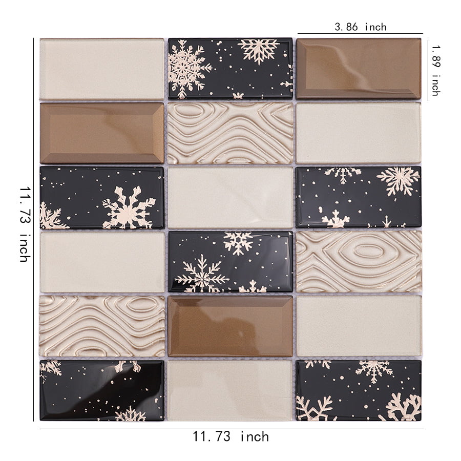 Black and brown crystal glass wall tile with snowflake pattern and size details.