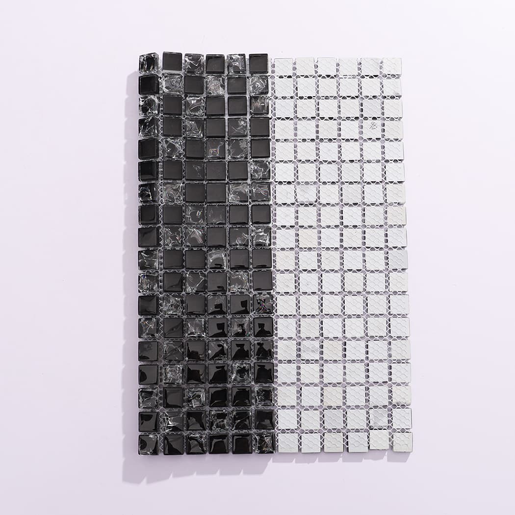 Black and clear mixed glass mosaic tile with mesh backing view