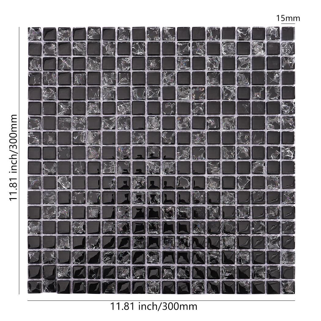 Black and clear mixed glass mosaic tile sheet with size details