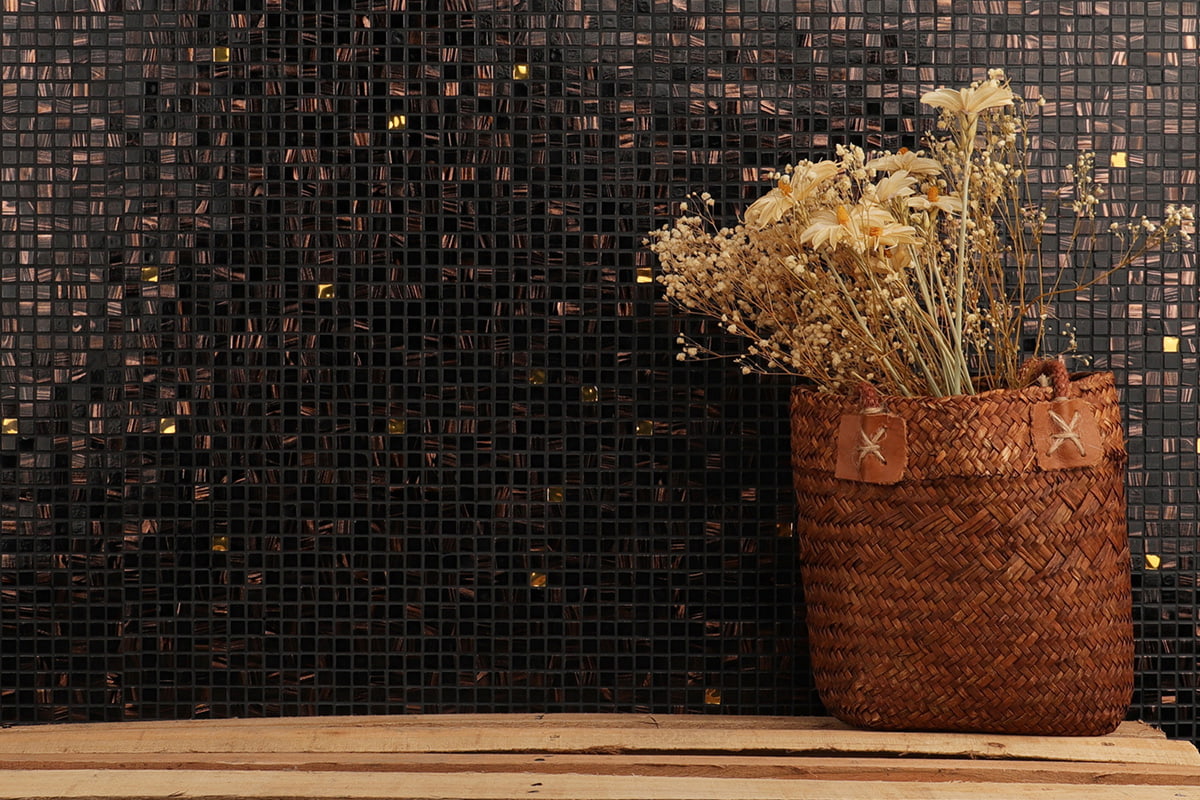 Black copper mosaic tile backsplash