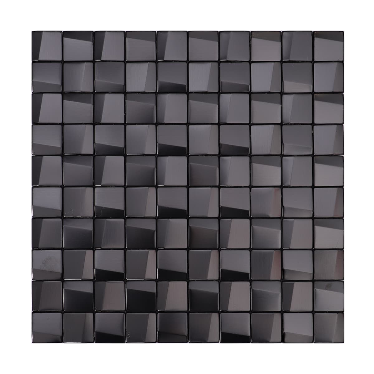 Full front view of brushed black cube metal mosaic