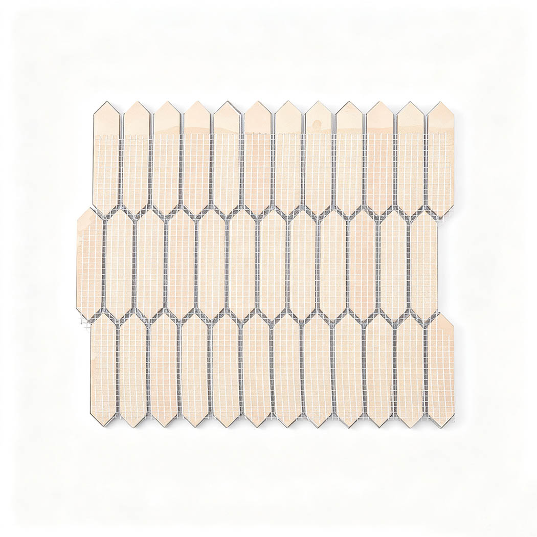 Rear mesh grid backing on black elongated picket mosaic tile