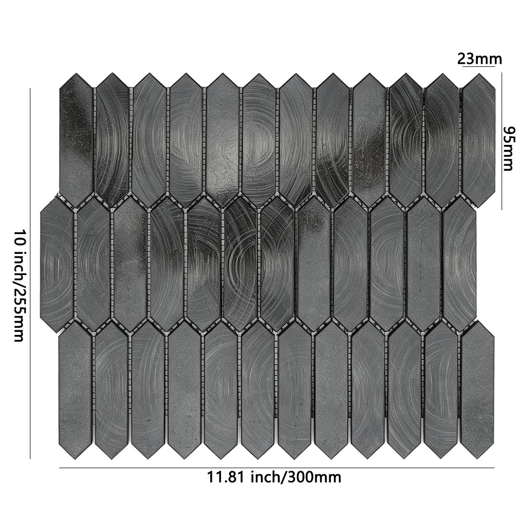 Size specifications for black elongated picket mosaic tile sheet