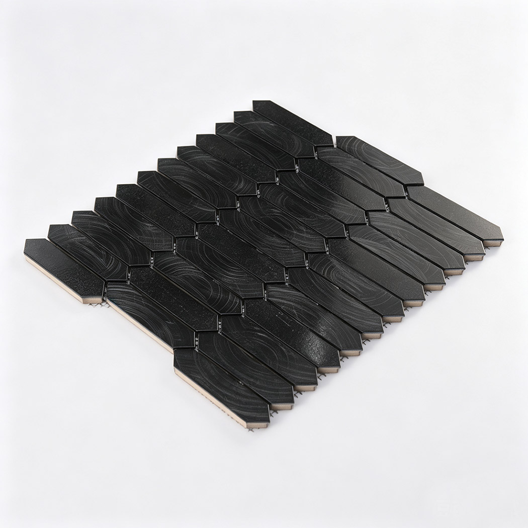 Angled studio display of black elongated picket mosaic sheet