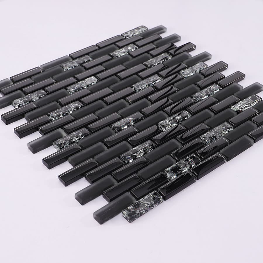 Diagonal layout view of black glass and crackle crystal mosaic brick tile