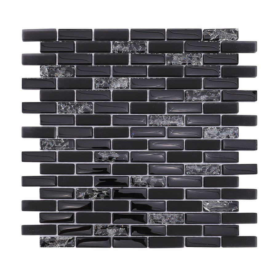 Front view of black glass and crackle crystal mosaic brick tile sheet