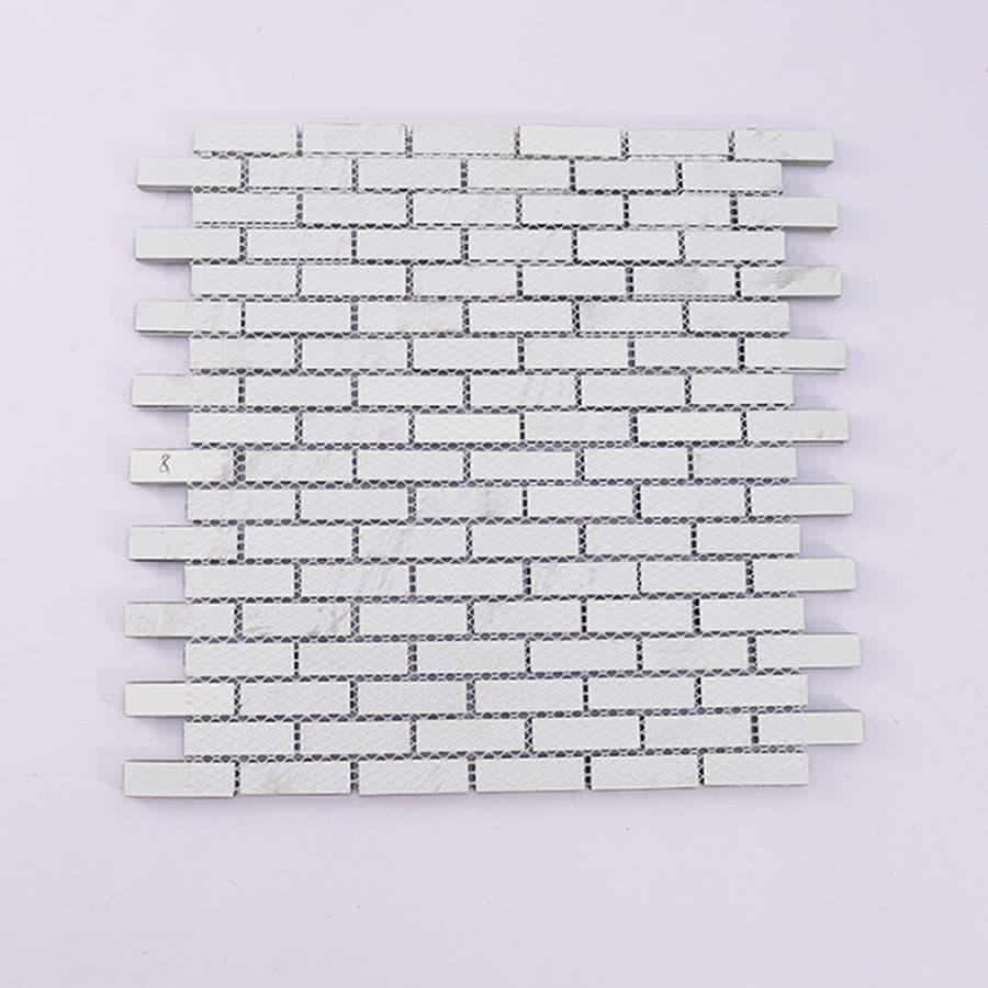 Backside of black glass and crackle crystal mosaic brick tile with mesh backing