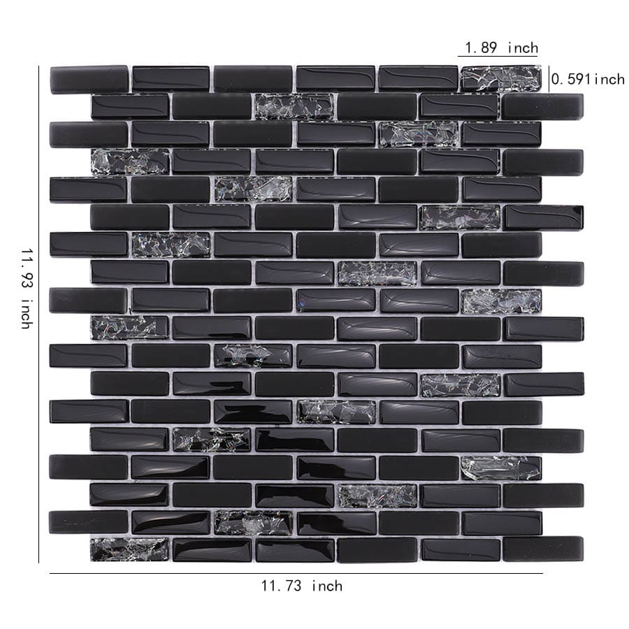 Black glass and crackle crystal mosaic brick tile with size measurements