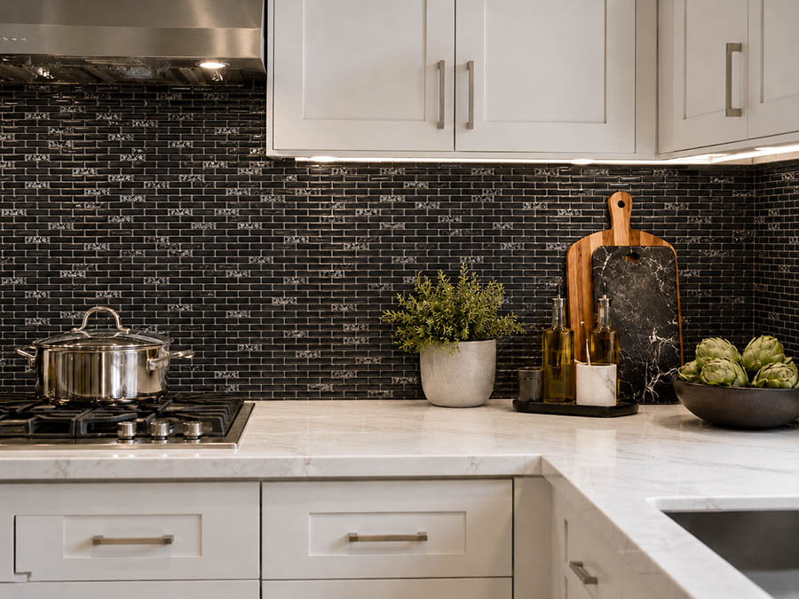 Black glass subway tile backsplash with white cabinets and marble countertop