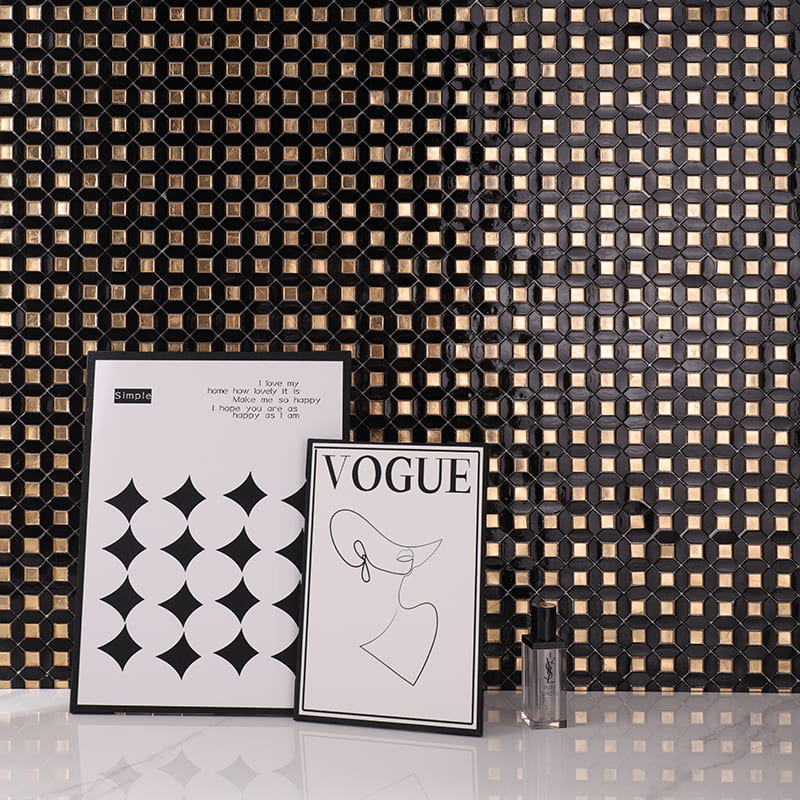 Black and gold 3D cube glass mosaic wall tile for modern interiors