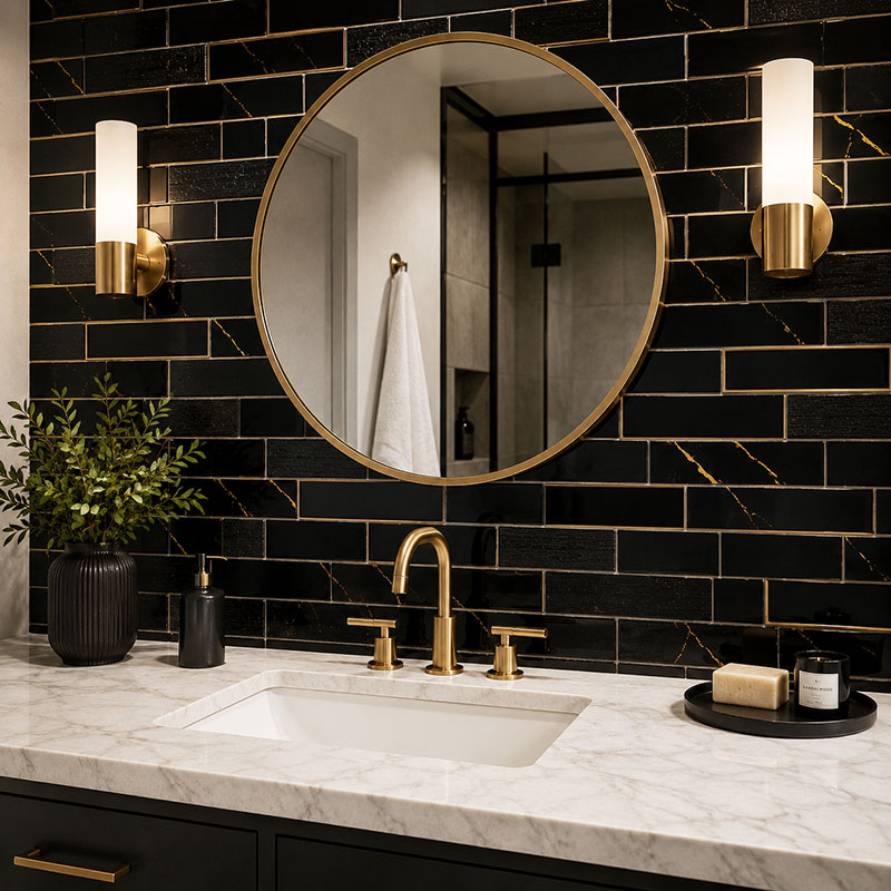 Black glass subway tile bathroom wall with gold accents and vanity mirror