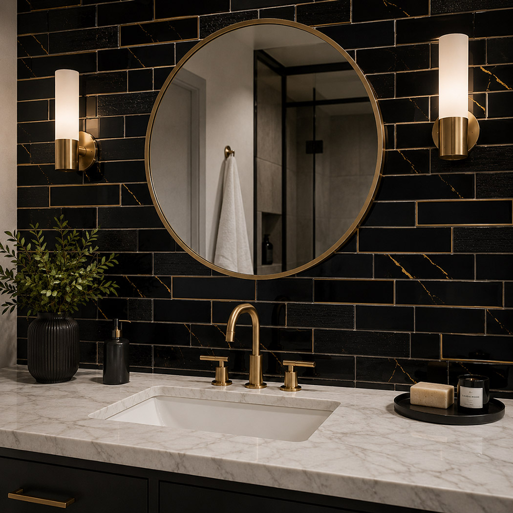Black gold glass subway tile vanity wall with round mirror and brass sconces