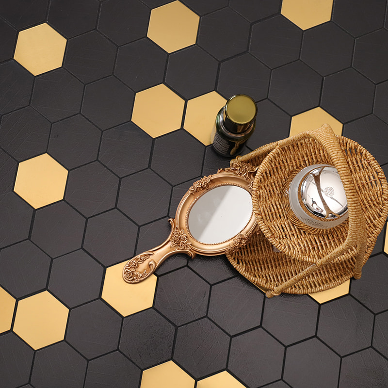 black gold hexagon mosaic tile – elegant black and gold hexagonal pattern floor