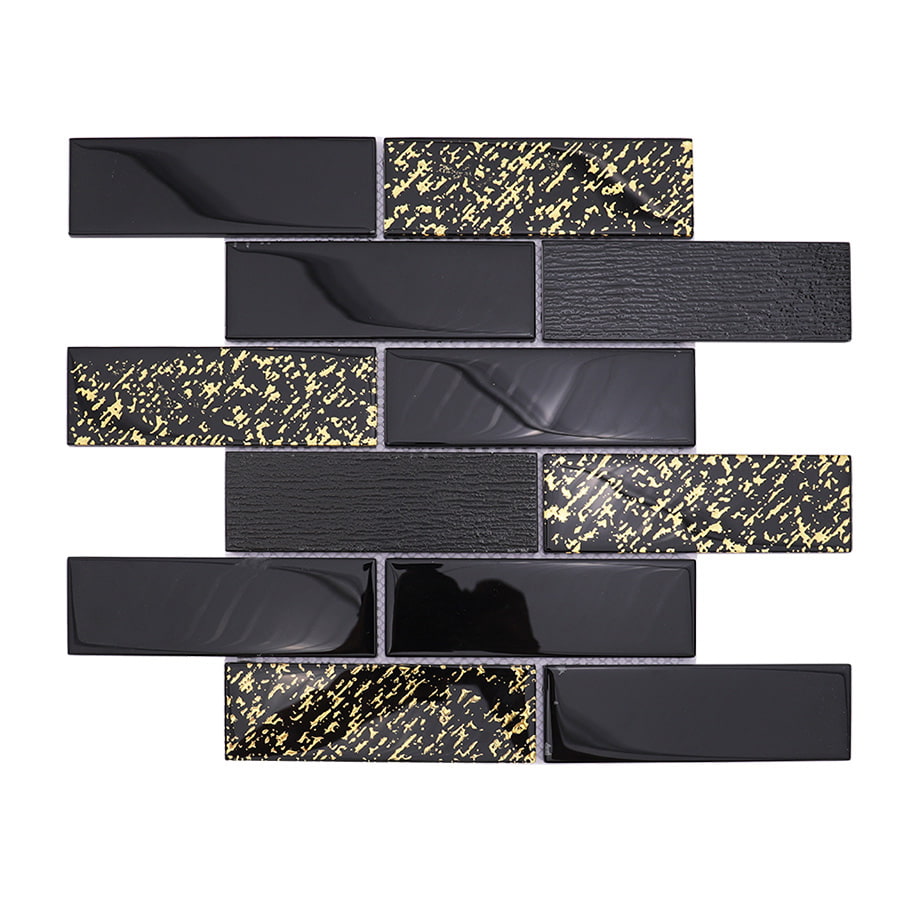Front view of black and gold rectangular glass mosaic subway tile sheet