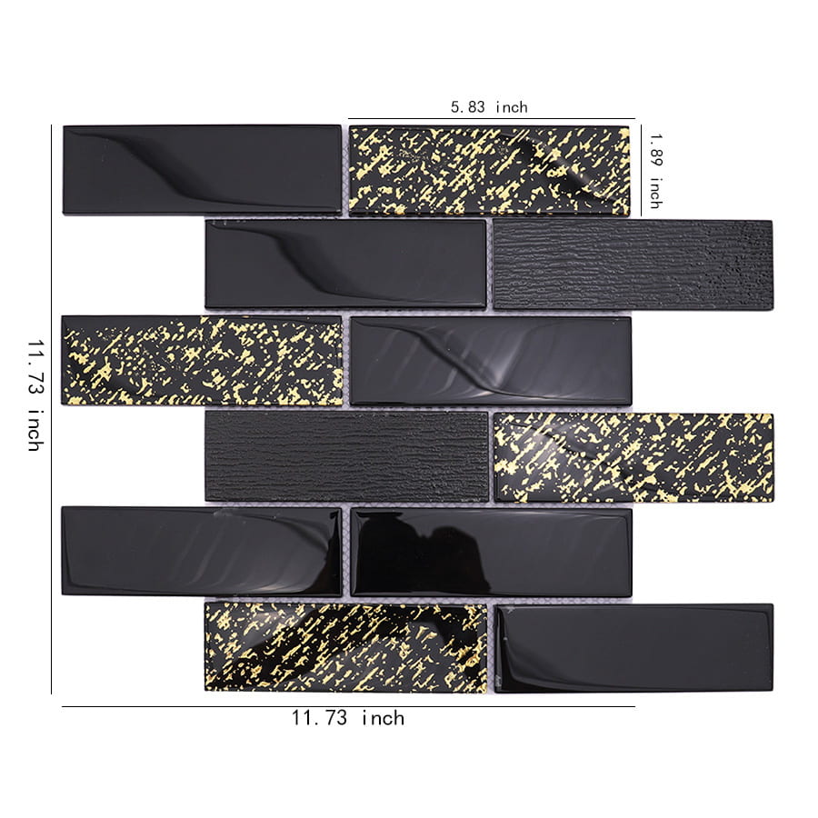 Black and gold rectangular glass mosaic subway tile sheet with inch dimensions shown