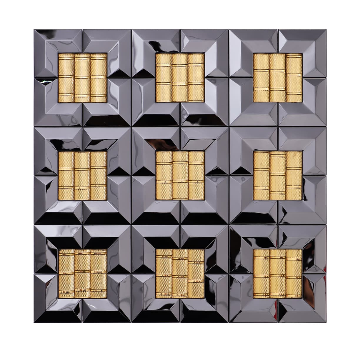 Glossy black and gold square stainless steel mosaic tile, front view
