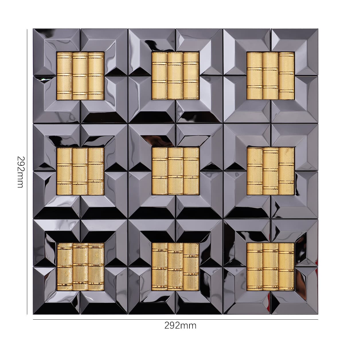 Flat lay of glossy black and gold square mosaic tile